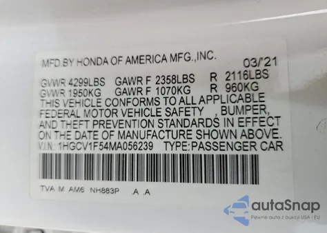 2021 Honda Accord Exl from USA, damaged, VIN 1HGCV1F54MA056239